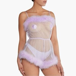 Savage X Fenty Sheer Fuzzy Romper Purple Sexy Lingerie Feather Boa M/L